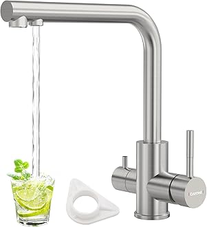 DAYONE 3 Way Kitchen Sink Tap, SUS304 Stainless Steel Pure Drinking Water Tap, 360 Swivel Dual Lever Mixer Taps, 3 in 1 Water Filter Sink Mixer, UK Standard G1/2'' Kitchen Faucet 1 Hole, Brushed