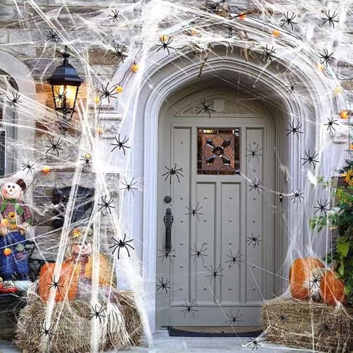 HongChelle 100 g di decorazioni per Halloween, con 60 ragni artificiali, ragnatele elastiche, perfette per feste di Halloween, casa infestata, decorazioni per bar.