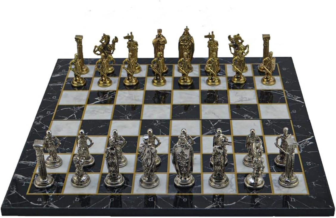 Royal British Army Metal Chess Set for Adults,Handmade Pieces and Marble or Mosaic Design Folding Wooden Chess Board King 3.35inc (Marble Design)