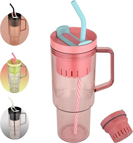 Vaso con tapa y pajilla, vaso para café reutilizable, botella de agua, vasos de plástico, regalos para mujeres, sin BPA, vaso de 40 oz con asa, rosa