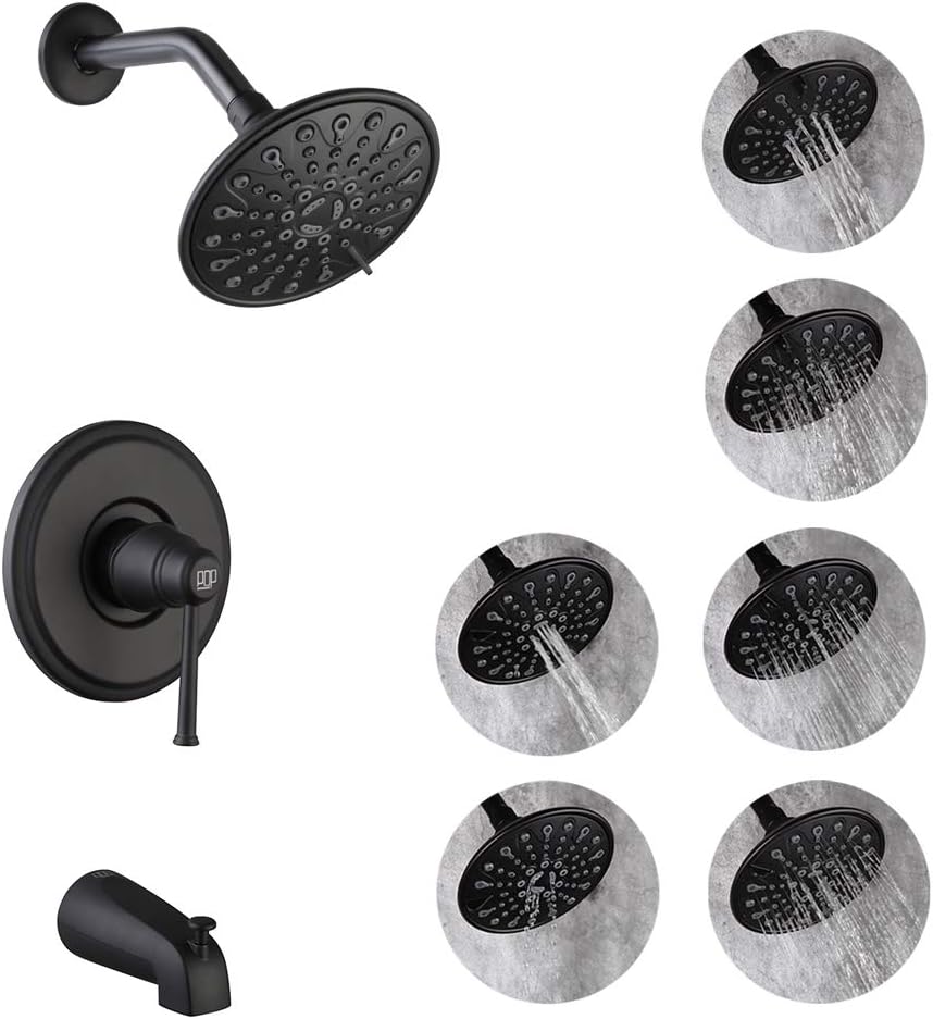 Matte Black Shower Faucet Set with Tub Spout, Tub and Shower Trim Kit with 6-Spray Touch-Clean Shower Head, Bathroom Single-Handle Tub and Shower System, Rough-in Valve Included
