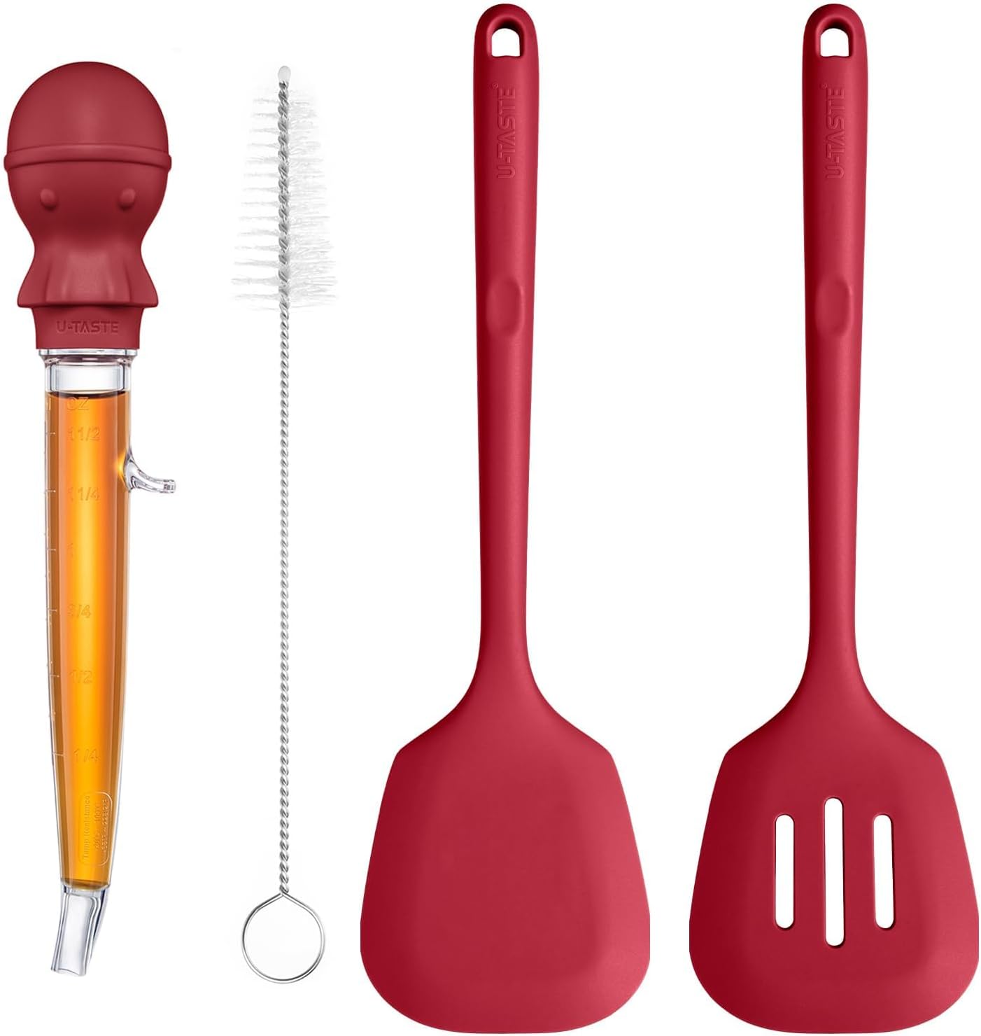 U-Taste 228.2℉ Heat Resistant 1.5 oz Angled Turkey Baster for Basting Meat, and 600℉ Heat Proof Long & Wide Silicone Solid & Slotted Turner Set of 2 for Egg, Pancake (Red)
