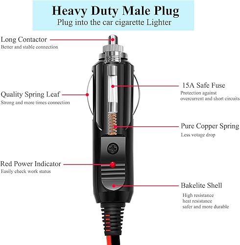 Miniatura 2 de Cable de extensión para encendedor de cigarrillos de 26 pies, 12 V24 V, cable resistente de 16 AWG con fusible de 15 A, cable de extensión de