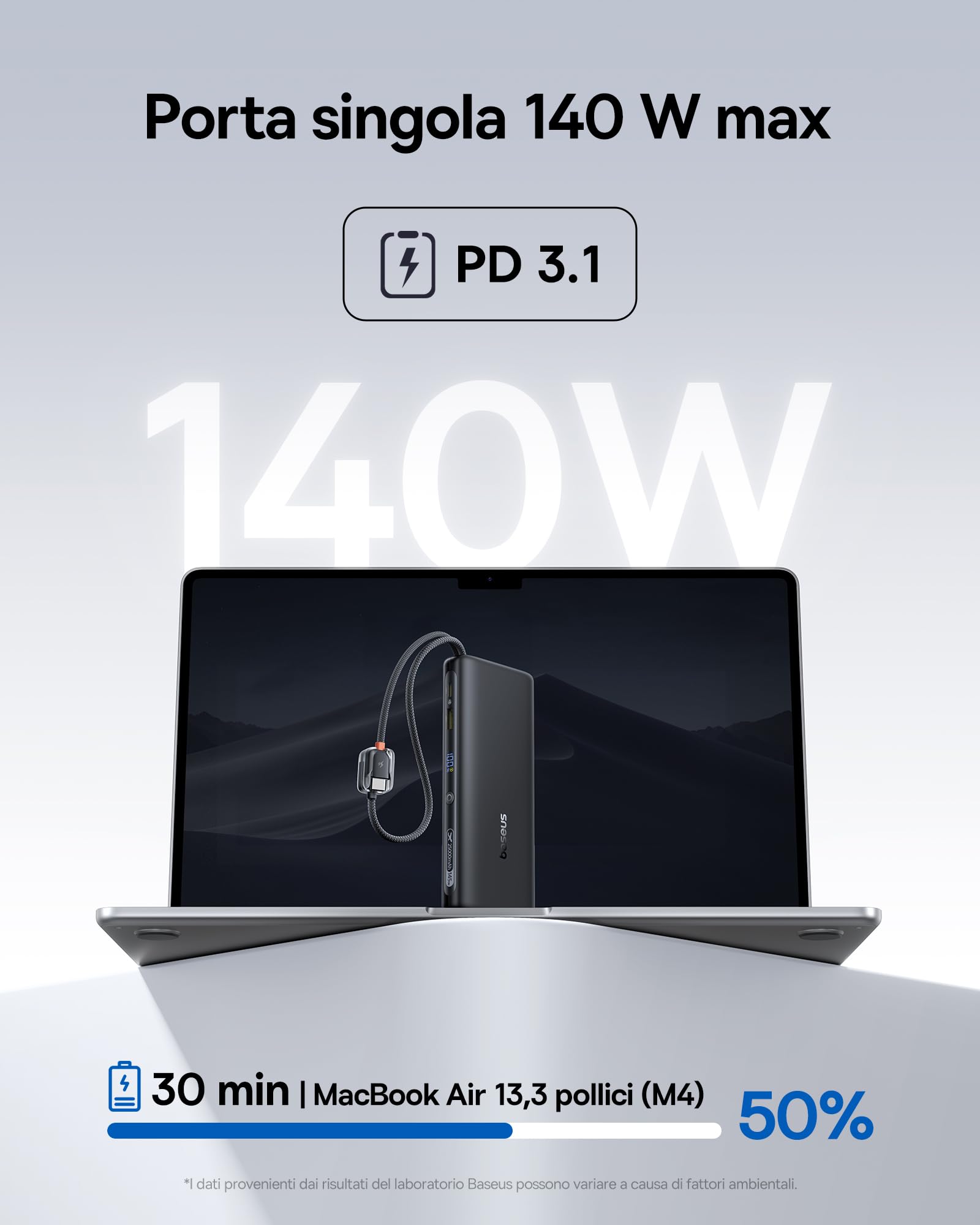 Baseus FC41 145W Powerbank per Laptop Certificato CCC, Ricarica Rapida PD3.1, 25000mAh Power Bank con 2 Cavi USB-C Integrati, Batteria Esterna per MacBook Pro, iPhone, iPad, Samsung, Nero