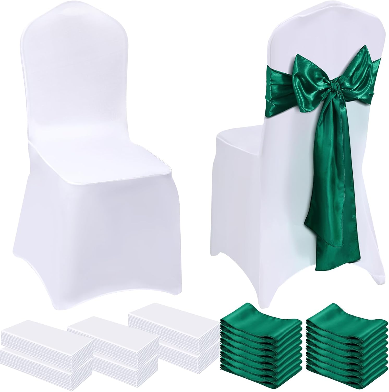 Mepase 100 Pcs Wedding Chair Covers 50 Stretch Spandex Chair Covers with 50 Decorative Elastic Chair Sash Silk Chair Bows for Wedding Banquet Dining Kitchen Party Decoration(Green, White)