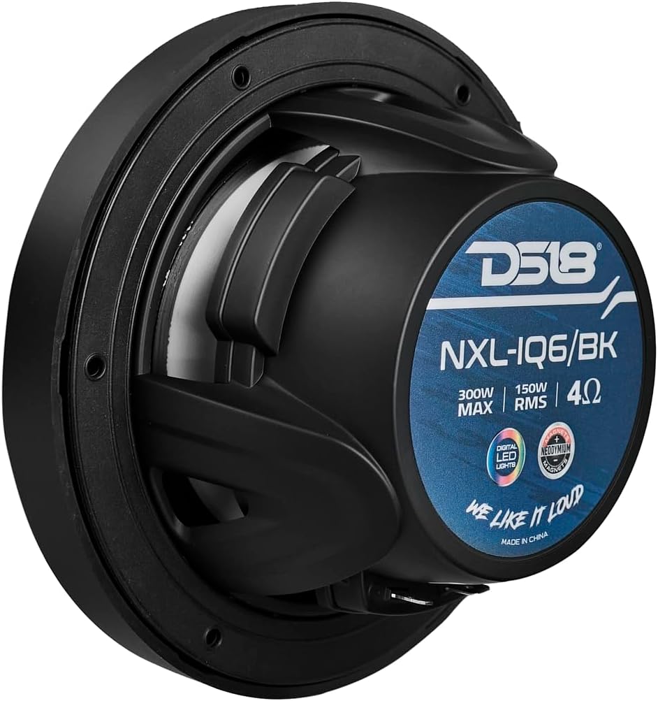 DS18 NXL-IQ6/BK 6.5" 2-Way Coaxial Marine Speaker with Digital Led Lights and Bullet Tweeter 150 Watts 4-Ohm, Water Resistant IP65, Pair