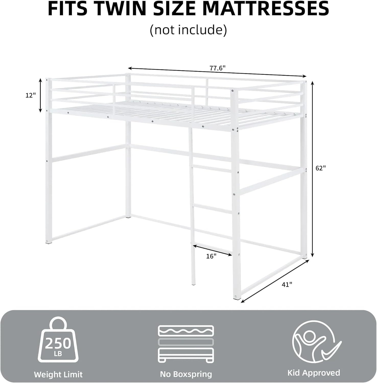 Metal Loft Bed Twin Size, Heavy Duty Loft Bed Frame with Safety Guard Rails & Flat Ladder, LoftBed for Dorm, Apartment (White, Twin)