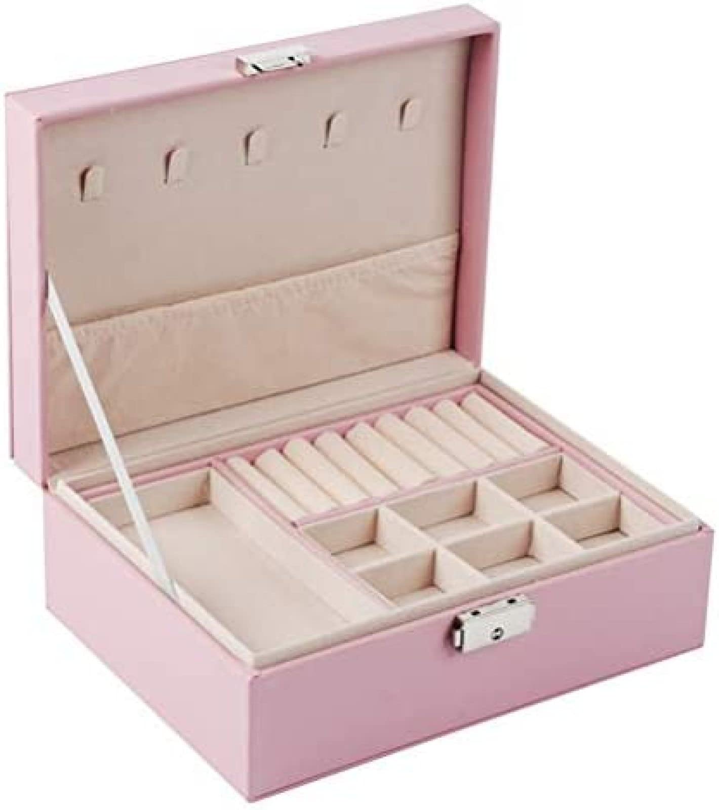 YNBSHGAA Jewelry Box 2 Layers Holder Storage Case with Removable Partitions Multi-Function Large Jewellery Organizer Lockable Storage Case for Women,Pink,Pink