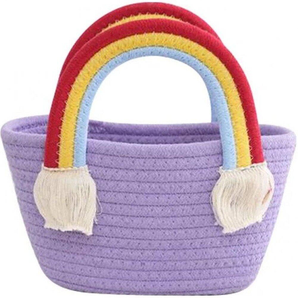 Sanfly Women's Purple Rainbow Shopping Basket Cotton Rope Handbag Woven Rope Basket Laundry Basket White Girls Tote Bag Beach Tote Bag For Portable Storage Bag Rainbow Handle Handbag
