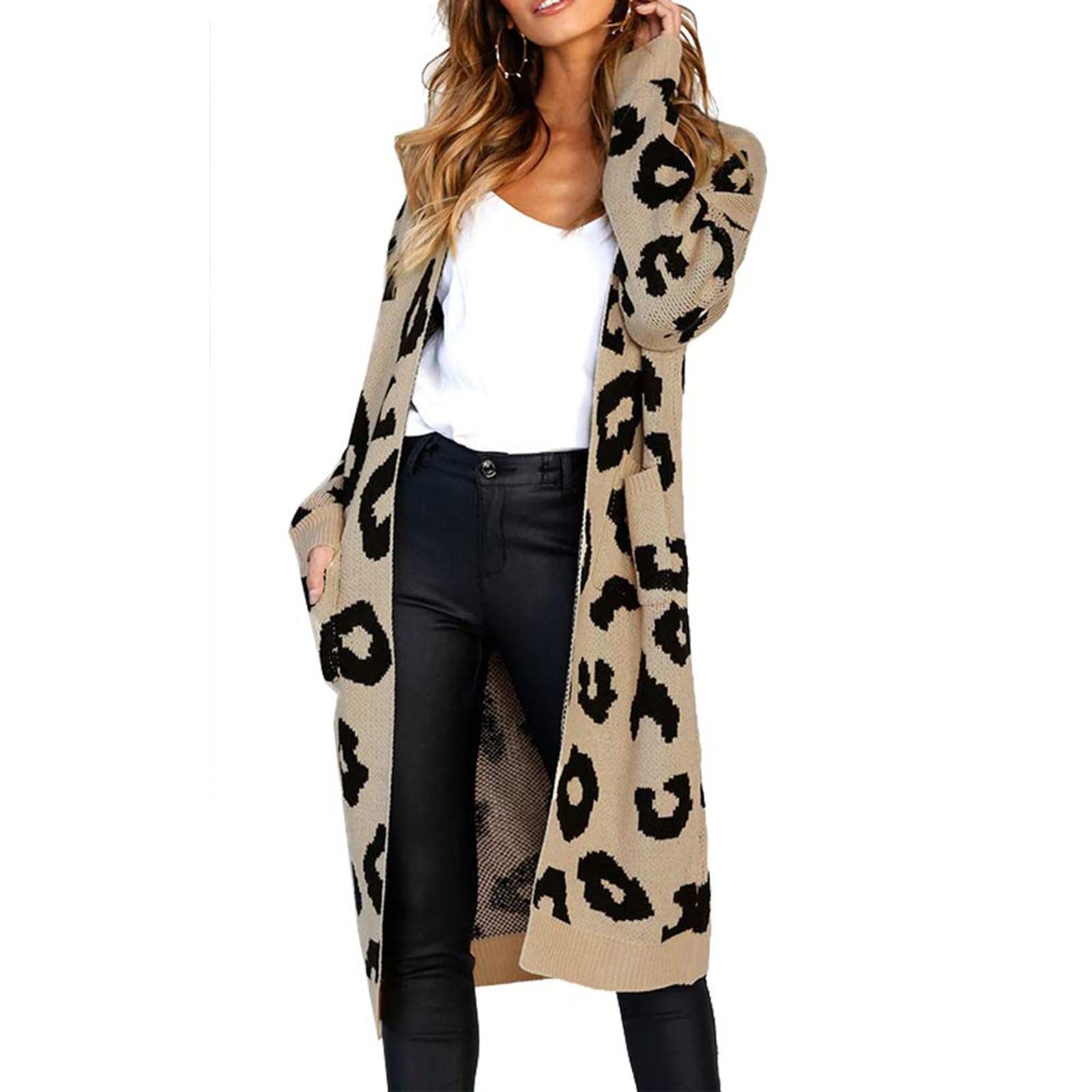 Womens Cardigan Sweaters Leopard Cheetah Long Sleeve Open Front Outwear Fall Winter Loose Knit Long Cardigans