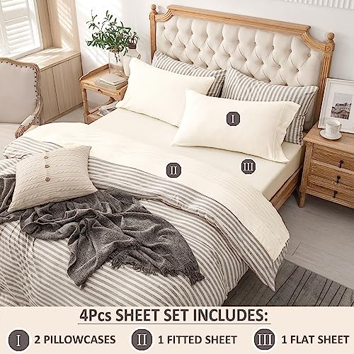 PURE ERA Jersey Knit 4pc Bed Sheet Set 100% T-Shirt Cotton Super Soft Comfy Breathable Fits Mattress Up to 20" Extra Deep Pocket (Solid Creamy White, Queen)