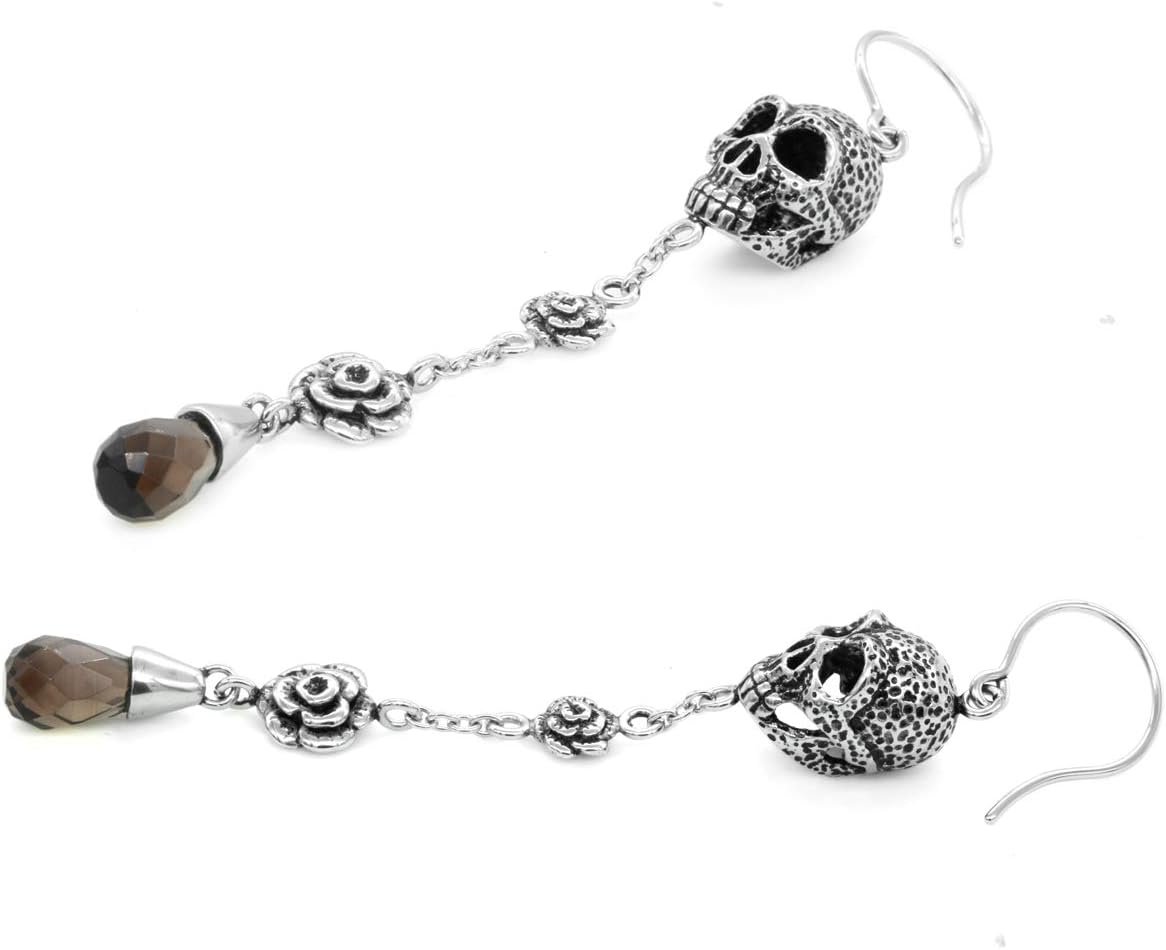 Skull and Rose Earrings Design with Smoked Quartz Teardrop