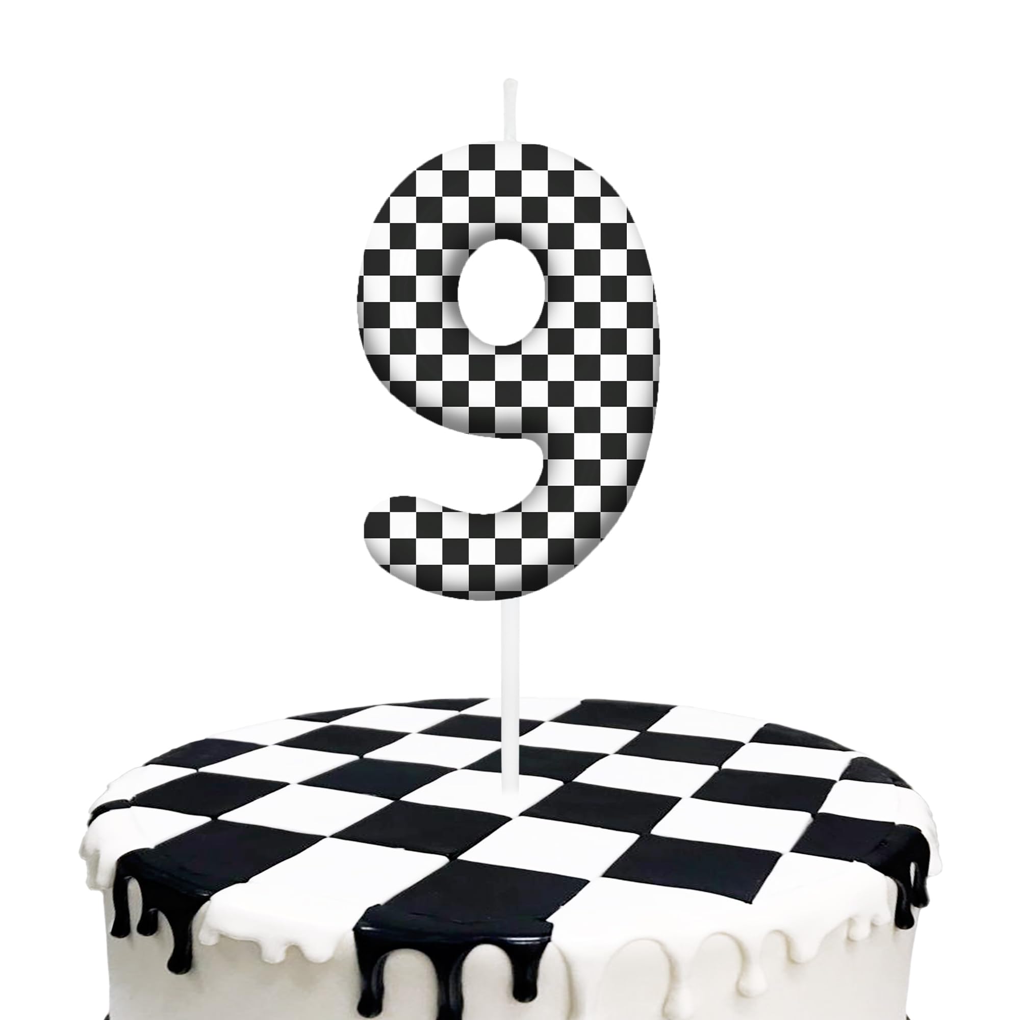 Velas de cumpleaños número 9 a cuadros en blanco y negro, decoración para tartas para fiestas temáticas de coches de carreras, velas de pastel de cumpleaños número 9 para niños y niñas, suministros de