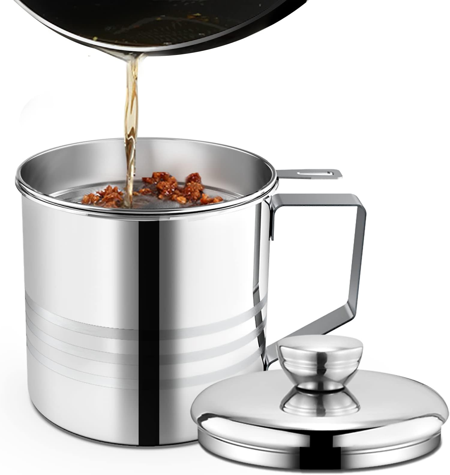 Chihee Oil Strainer Pot Grease Can, 1.2 L Stainless Steel Oil Storage Can Container with Fine Mesh Strainer, Suitable for Storing Frying Oil and Cooking Grease