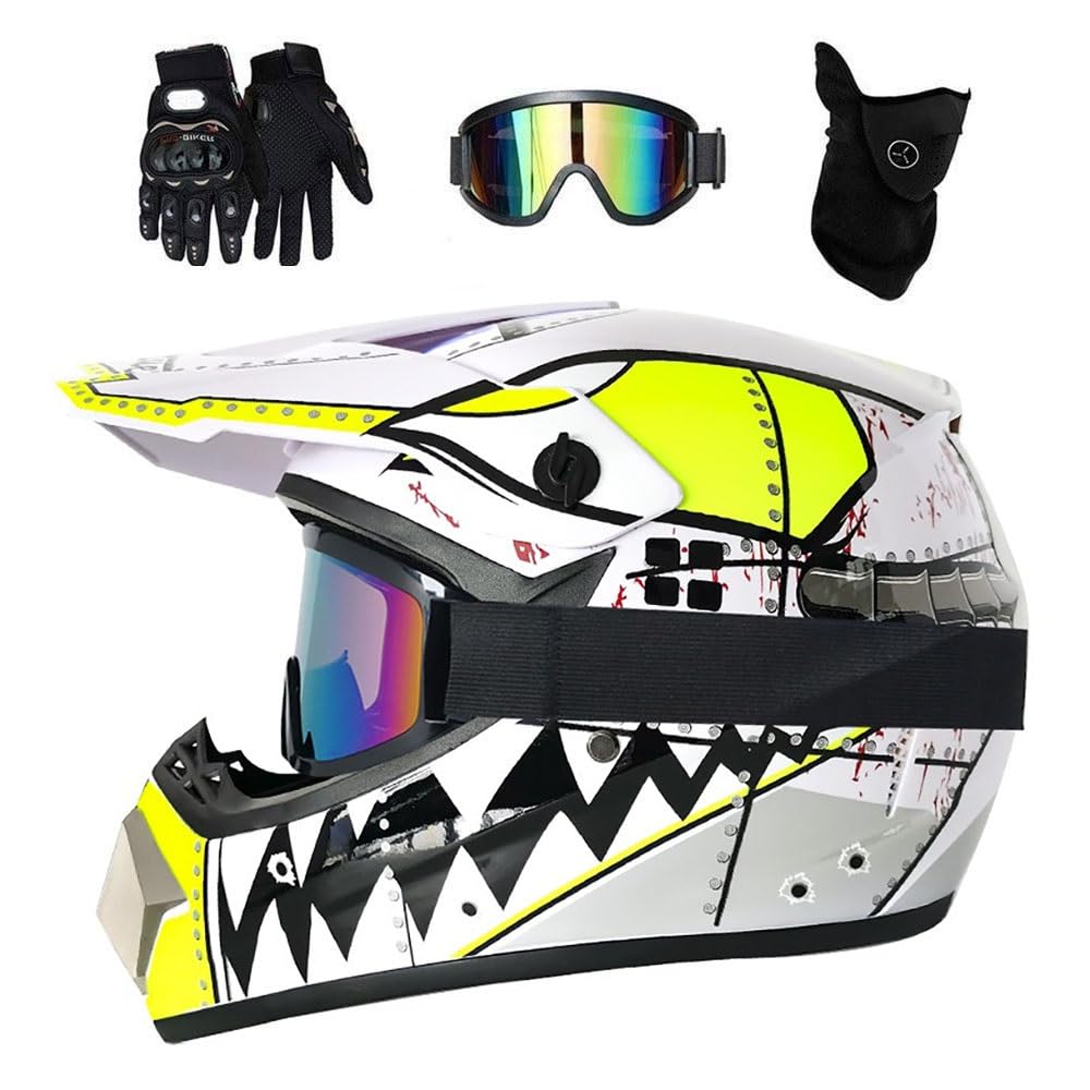 Youth Kids Motocross Helmet Set, with Goggles Gloves Mask, Unisex Full Face Off Road Street Racing Motorbike Helmets, Downhill Enduro BMX MTB ATV Quad Dirt Bikes Helmet(Light White,XL/58-59CM)
