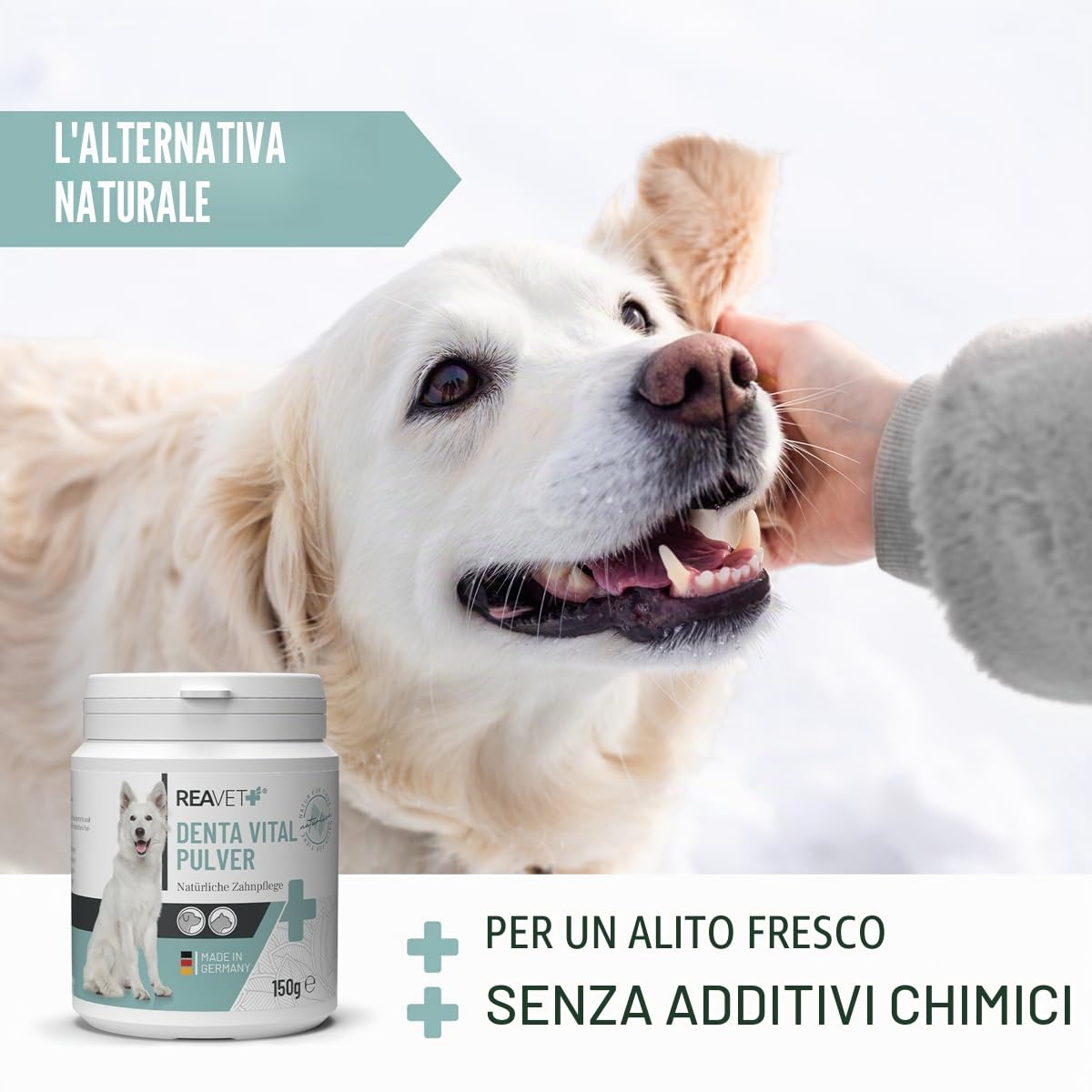 ReaVET Denta Vital - Cure dentali in polvere per cane e gatto, 150 g, contro tartaro e alito cattivo