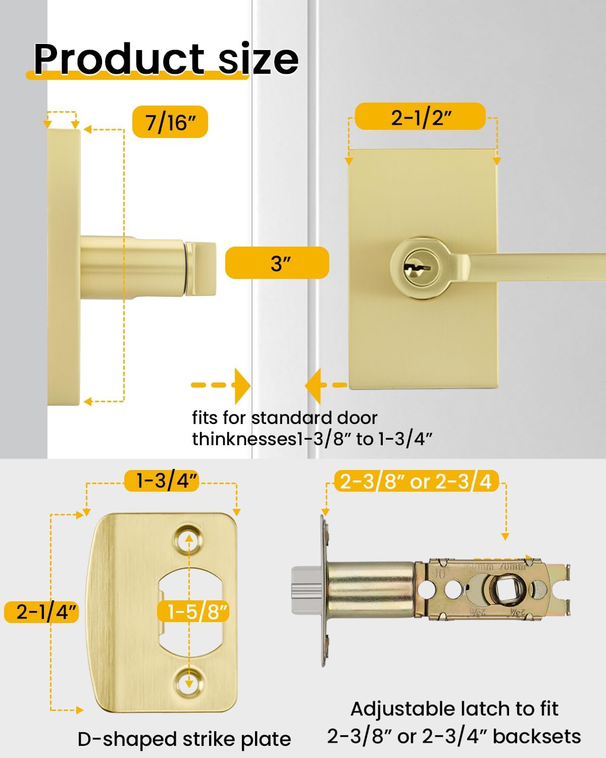 Goldenwarm Gold Door Handle with Lock and Key, Square Brushed Black Gold Door Handle, Heavy Duty Zinc-Alloy Keyed Entry Door Lock with Key - 1 Pack