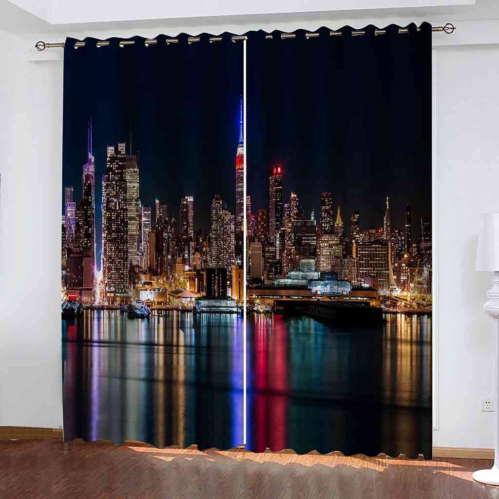 Rideaux occultants tissu lourd imprimé 3D paysage urbain à oeillets 140x160 cm