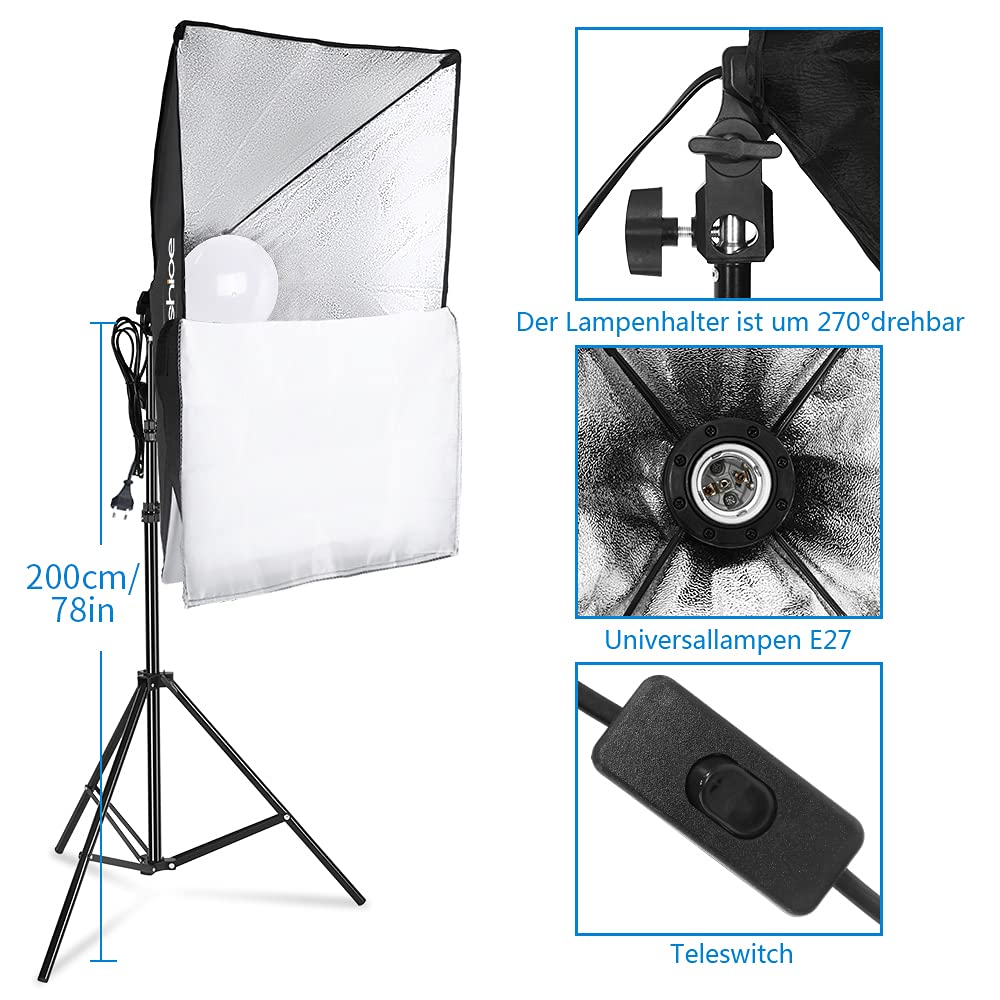 Bonnlo Softbox Licht Kit für Fotostudio, 50 x 70 cm Softbox mit E27 Sockel und 2X 5500K LED Lampen, höhenverstellbare Aluminium Stative, inkl. Tragetasche