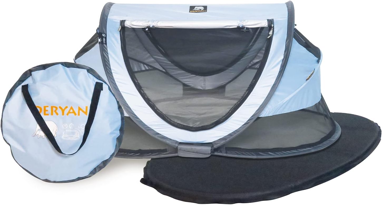 DERYANTravel Cot - Peuter Luxe - Blue - Pop-up System - Set-up in only 2 Seconds - Including Cotton Cover with Zipper, self-Inflating air Mattress and Carrying Bag