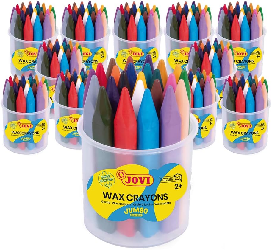 Jovi - Jumbo Wax Crayons, 12 Plastic Container with 16 Crayons + 1 Sharpener each, Round Shape, Total of 192 ct, Back to School Supplies for Teachers, Bulk Buy