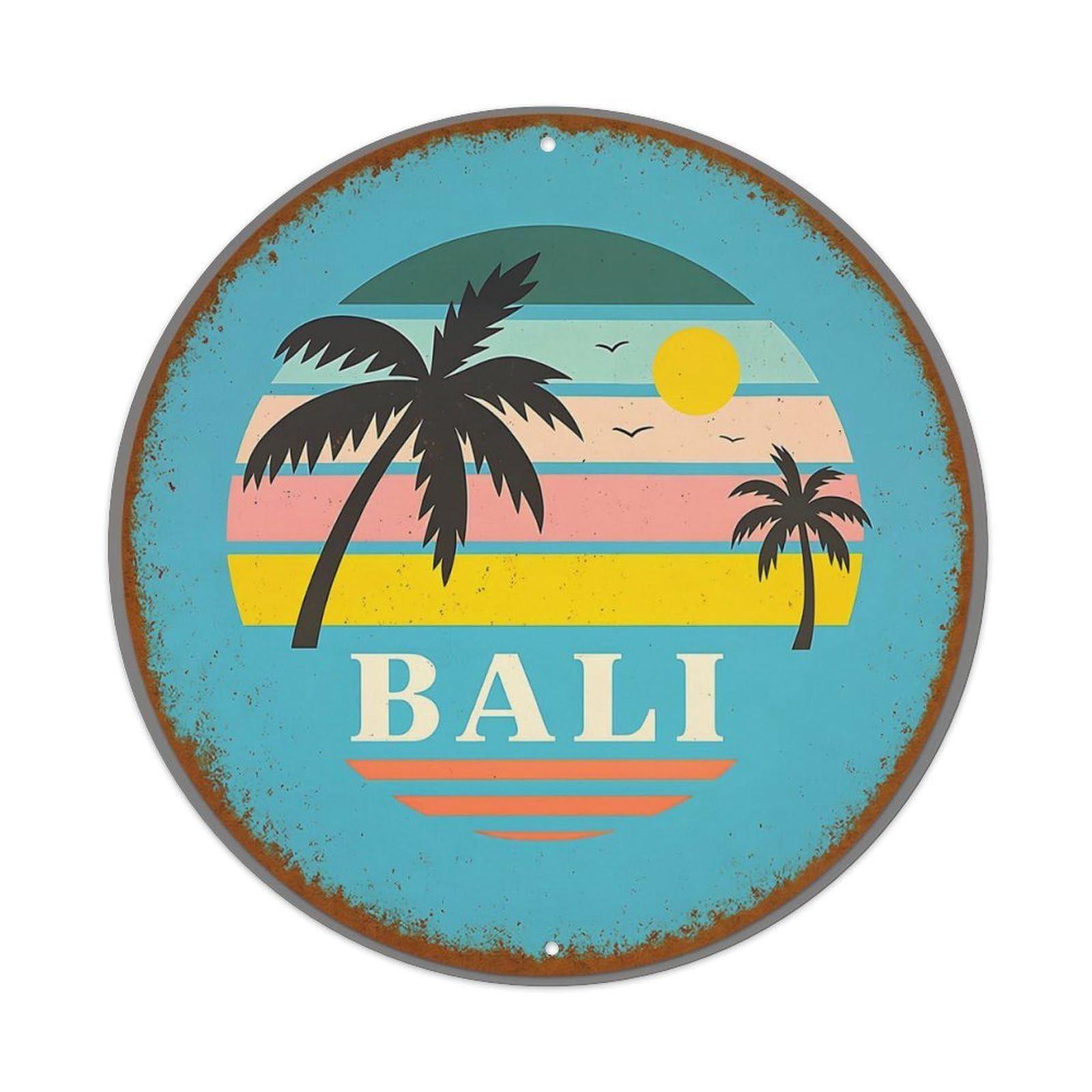 Tropical Sunset Palm Trees Bali Vintage Round Tin Sign Retro Metal Wall Decor Metal Poster, Home Bar Garage Cafe Wall Art Decoration 8x8Inches