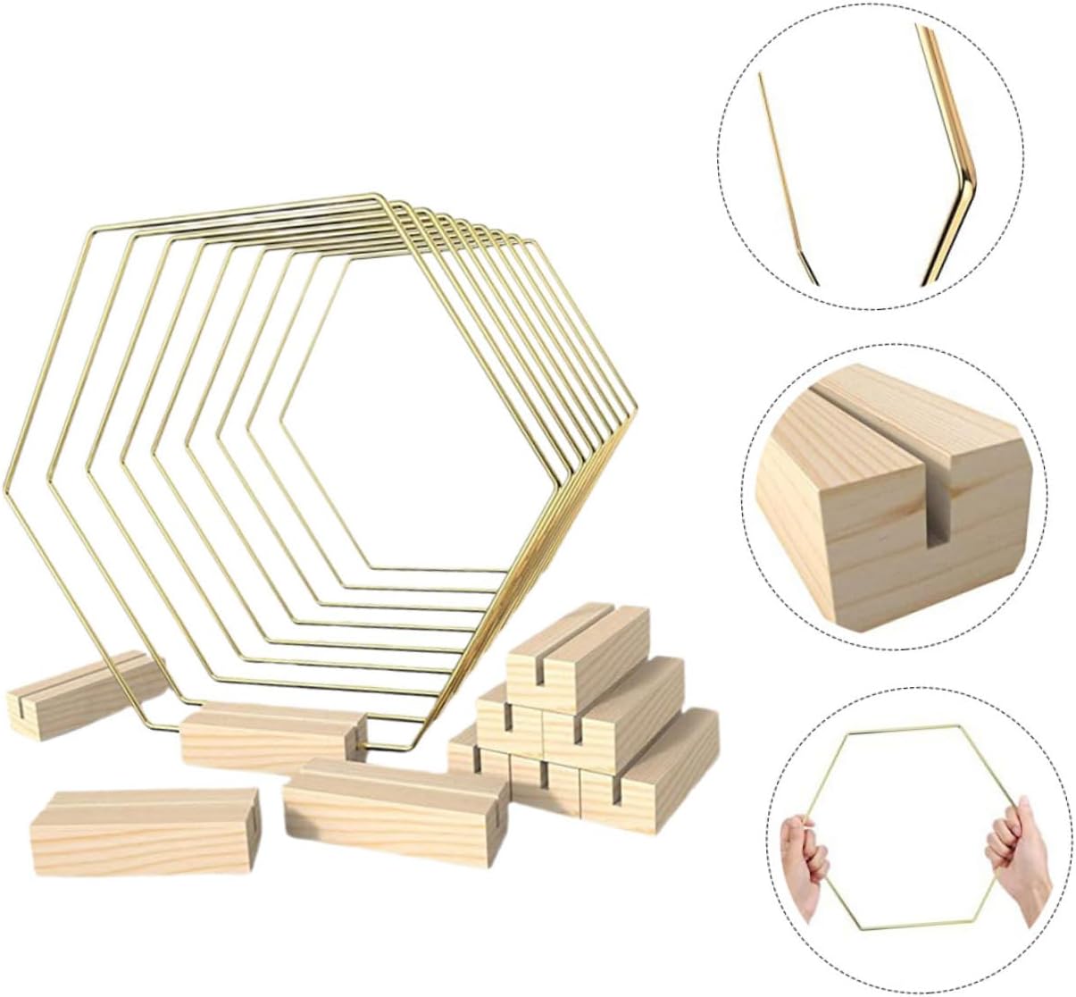 10pcs Metal Hexagon Wreath Rings with Wooden Base for DIY Floral Centerpieces for Weddings Parties Birthday Showers Christmas Decor