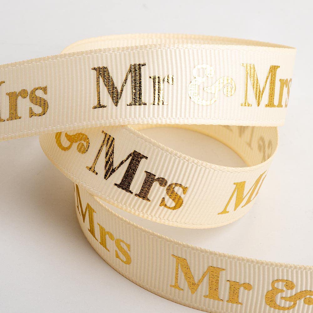 Italian Options Mr & Mrs Ribbon Cream/Gold Grosgrain (16mm x 10M)
