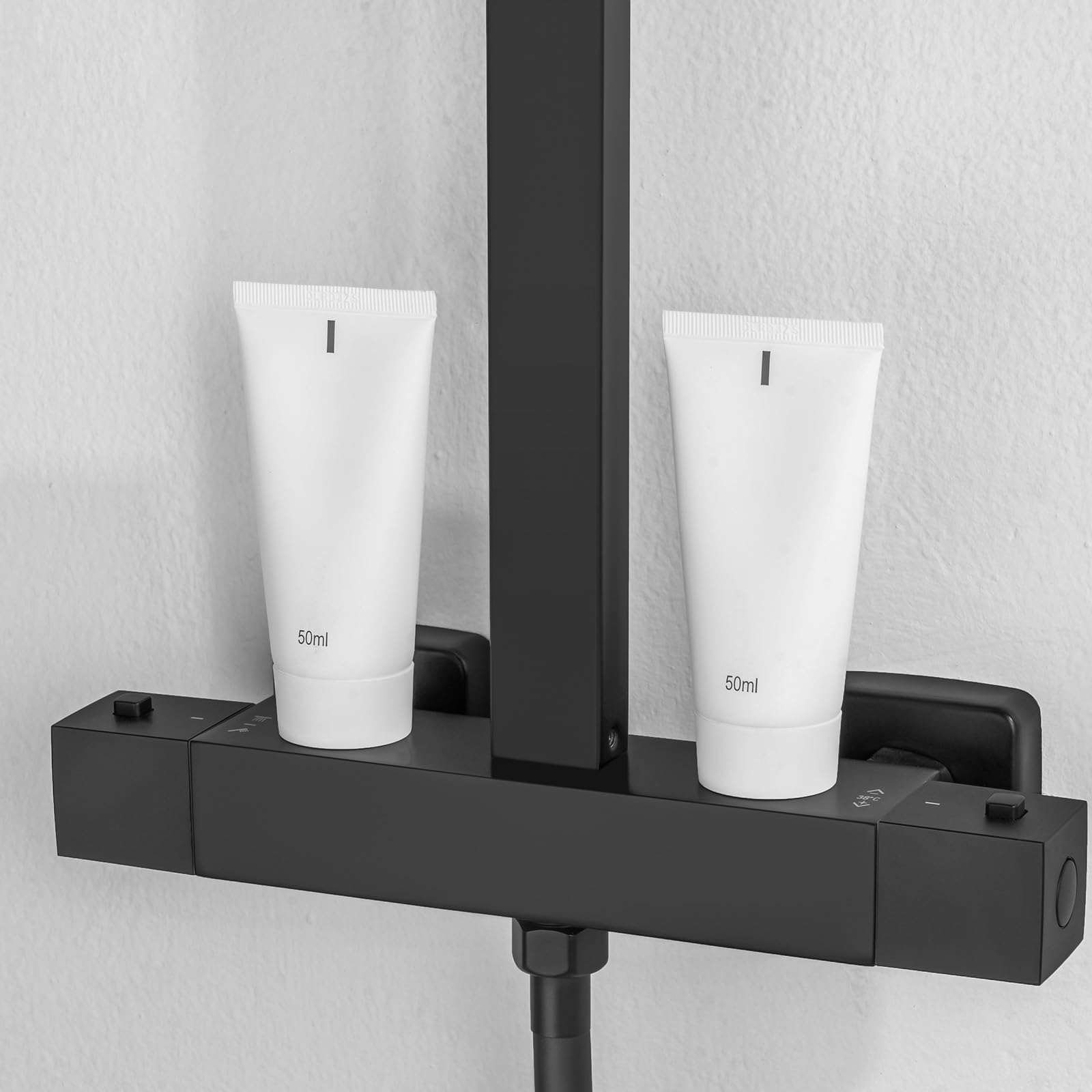 Auralum Colonna Doccia Nera con Miscelatore Termostatico, Miscelatore Doccia Esterno Ottone, Set Doccia Soffione Quadrato 25cmx25cm, Asta Saliscendi Doccia in Acciaio Inox Altezza Regolabile 97-130cm
