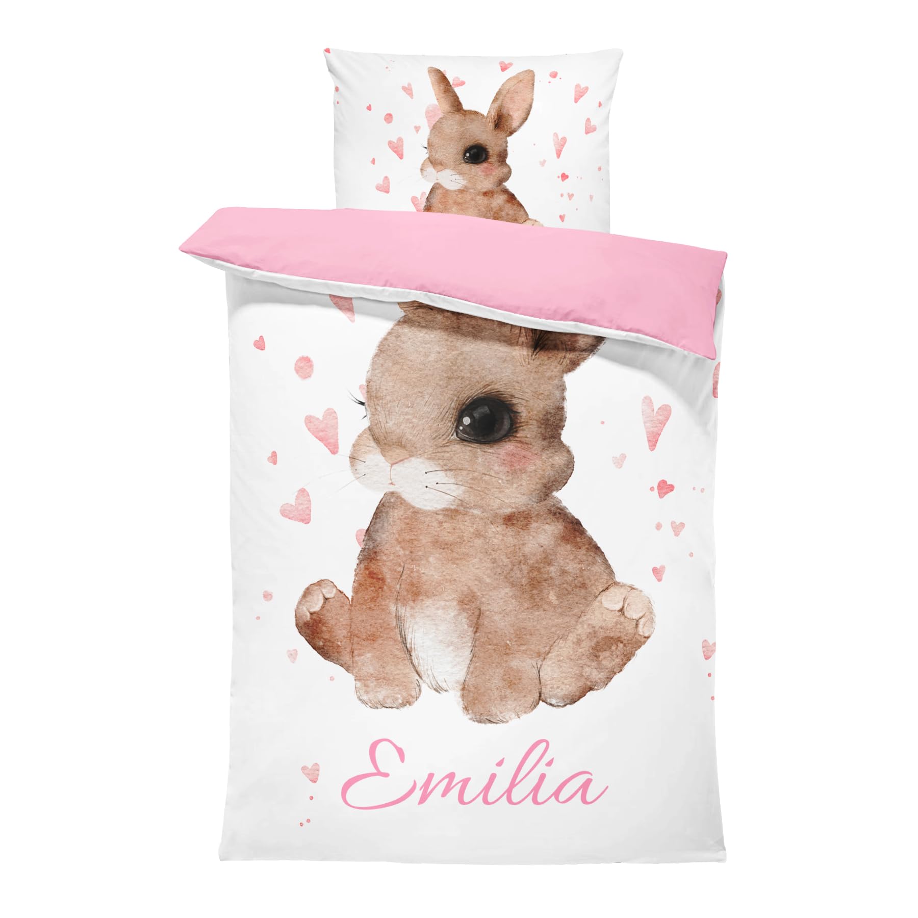 Pictogogo Personalisierte Baby Bettwäsche mit Hase 80 x 80 cm, Wählbare Unterfarbe aus Baumwolle, Kinderbettwäsche Mit Namen, Babybett Komplett Set Mit Reißverschluss, Oeko-TEX Standard 100