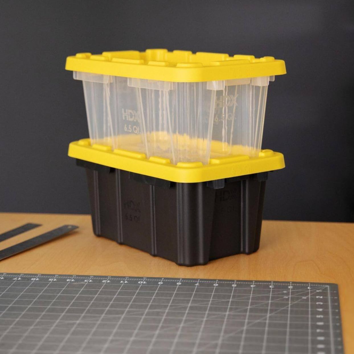 6.5 Quart (1.6 Gallon) Small Tough Storage Tote with Yellow Snap Lid, Black, Stackable & Nestable, Heavy-Duty Plastic Organizing Bins, 4-Pack