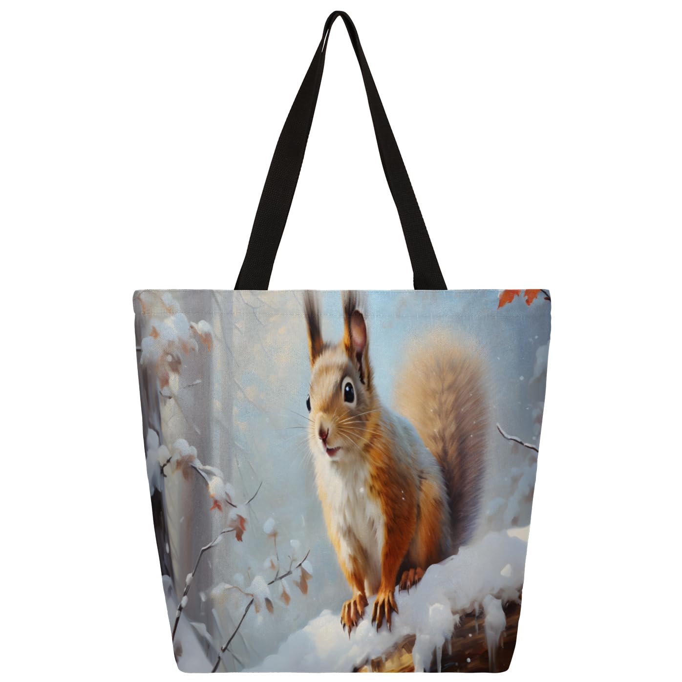 Mularoka Snow Squirrel Large Capacity Canvas Tote Bag Stylish Handheld Shoulder Bag Reusable Shopping Bag for Work Travel Beach Trips Shopping