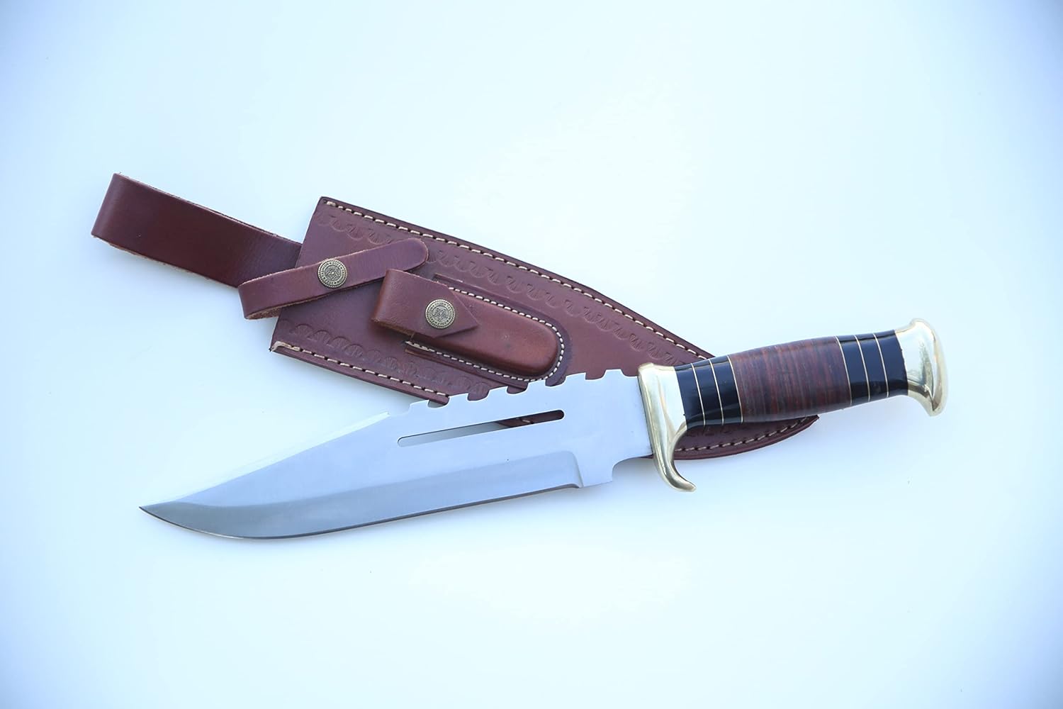 Hunting Knife with stainless steel blade | Dundee Bowie Hunting knife with premium leather sheath/Crocodile Bowie Knife with Leather Sheath – Full Tang Blade, Brass Guard, Durable Wooden Handle