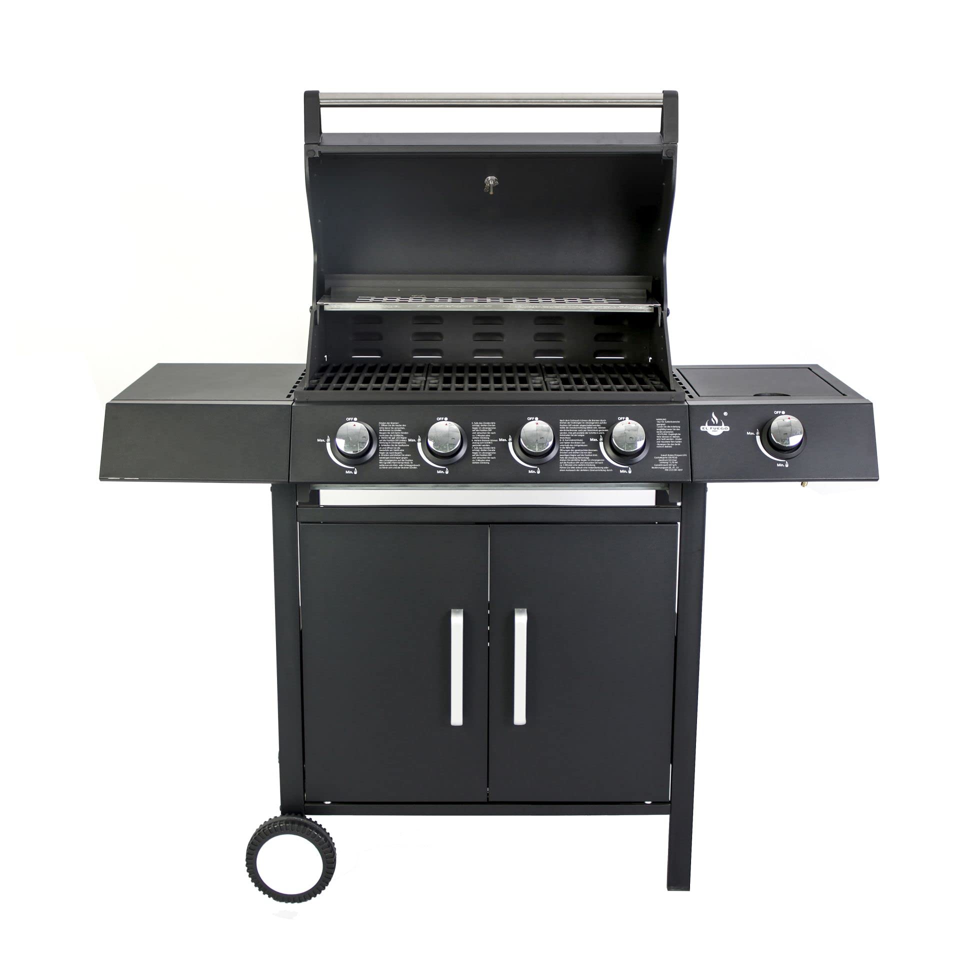 Gasgrill "SAN ANGELO 4+1" von El Fuego® | 4 Hauptbrenner + 1 Seitenbrenner | Edelstahl, inkl. Gasschlauch und Druckminderer | Grill Smoker Grillwagen BBQ | AY 582