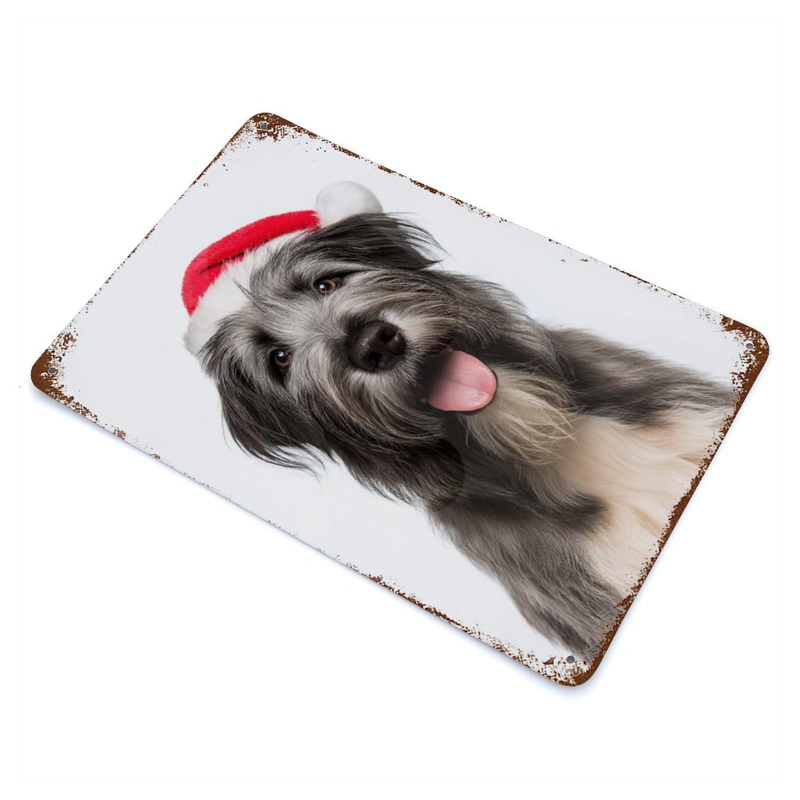 Retro Metal Sign with Briard Dog with Santa Hat Design 11.8"x7.9", for Living Room, Hallway And Home Decor, Farmhouse Wall Decor