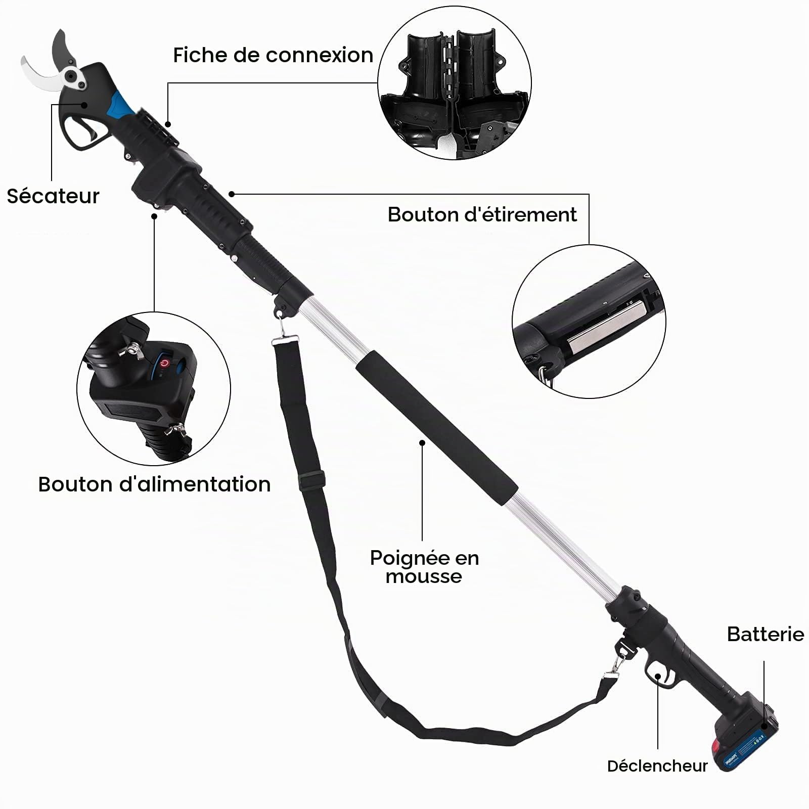 SWANSOFT 7605 Sécateur d'élagage télescopique électrique, perche d'extension de machine d'élagage électrique, extensible jusqu'à 1,95 m (Pour 8605, ne convient pas pour le 8605 Pro)