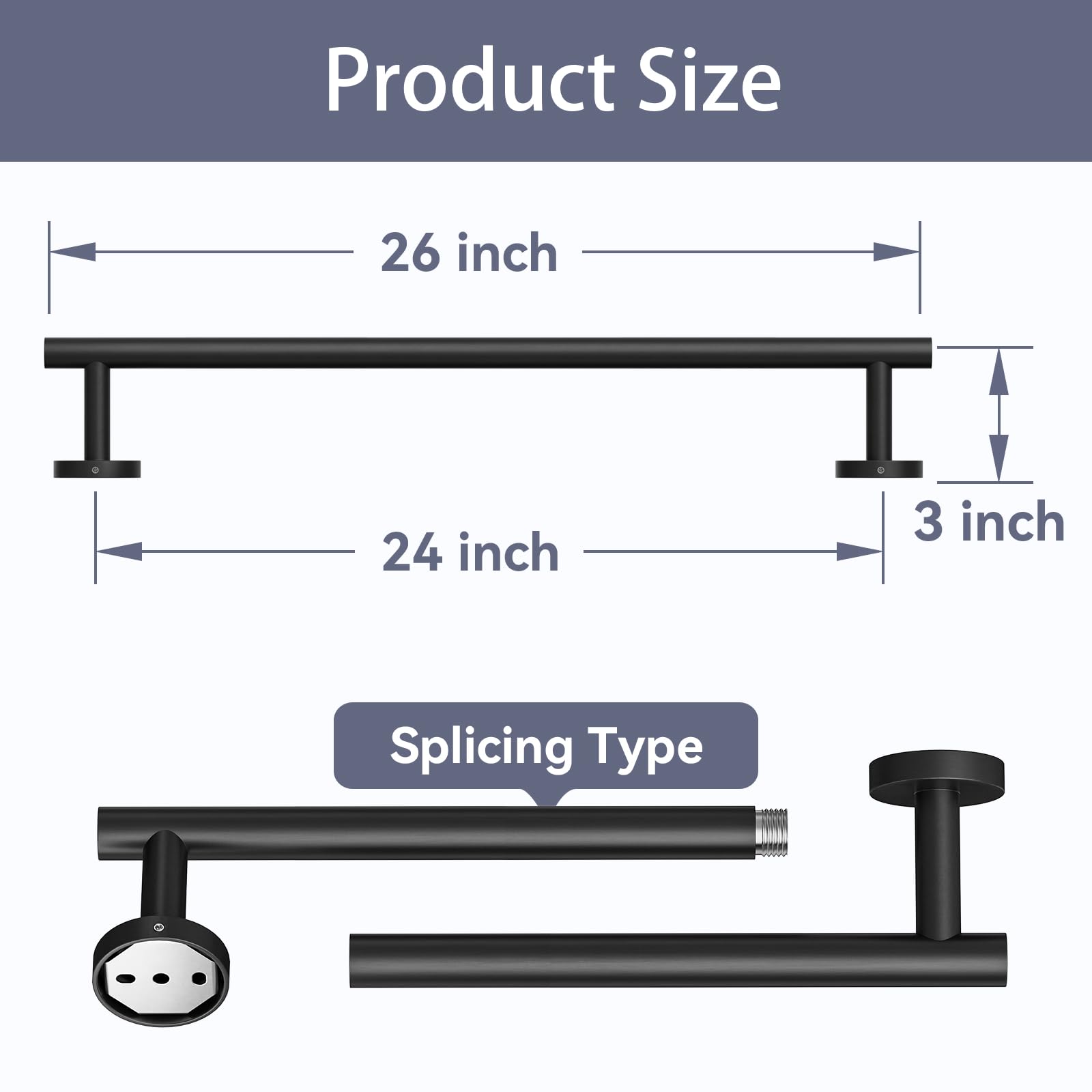 Bubxo Matte Black Towel Bar, 24 Inch Bathroom Towel Rack, Towel Holder Wall Mounted, Thicken SUS304 Stainless Steel Towel Rod Modern Home Decor (Total Length 26-Inch)