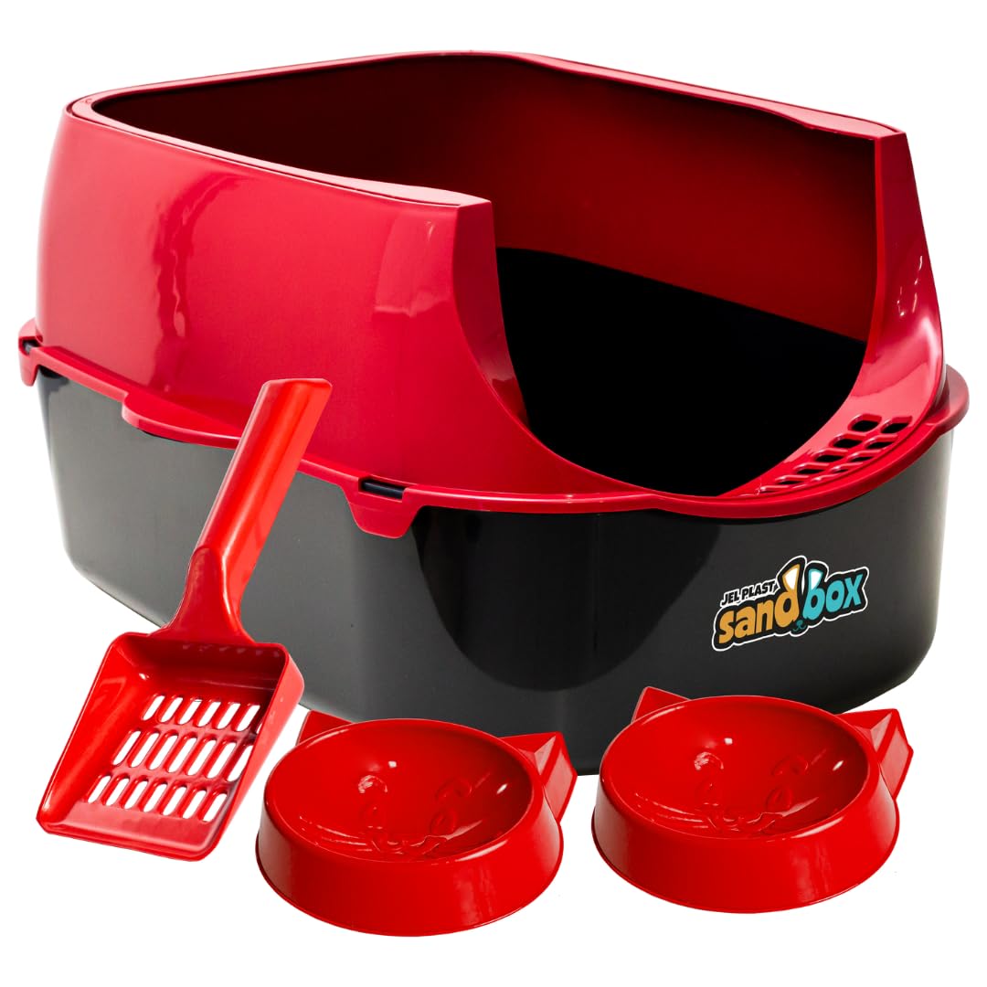 Cat Litter Tray with High Sides - Ergonomic, Spacious, Durable Litter Box with Rounded Design, Open Top, Easy to Cleaning - Complete Kit with Scoop and Feeder Bowls (Red)