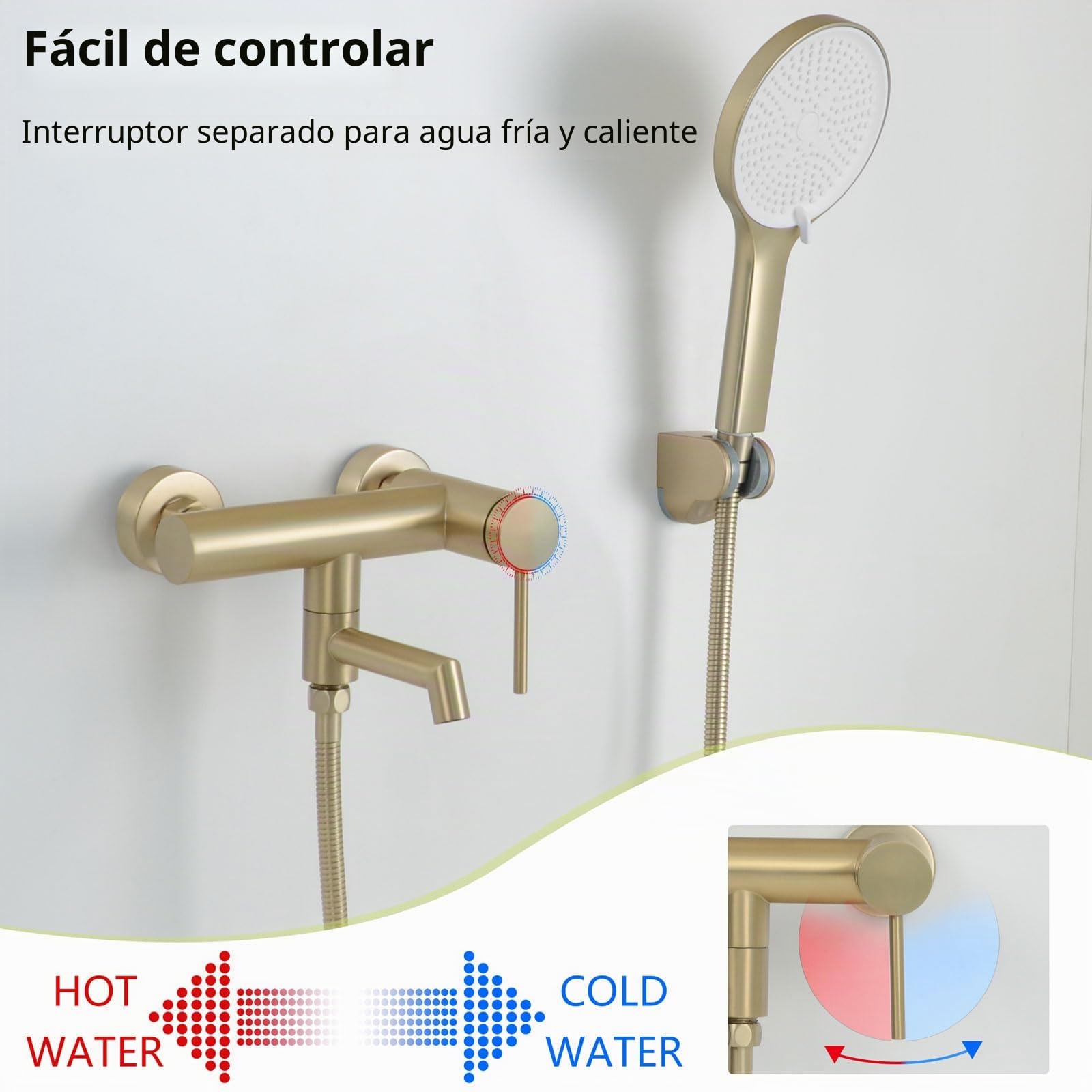 Grifo de Bañera Monomando Ducha Montado en Pared Dorado Cepillado