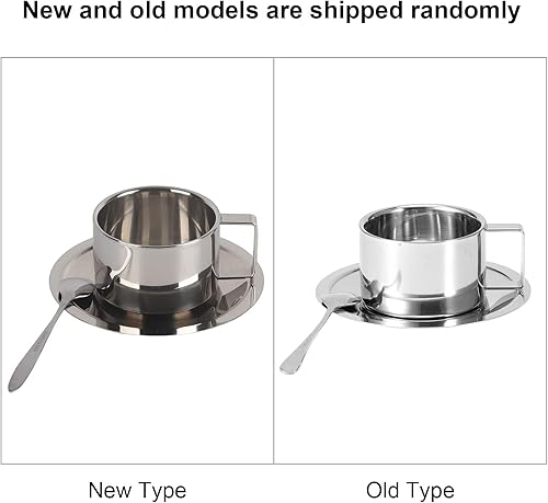 Miniatura 7 de Juego de 3 tazas de café aisladas de acero inoxidable 304 tazas de doble pared, taza de té con leche con platillo y cuchara (traje de doble capa