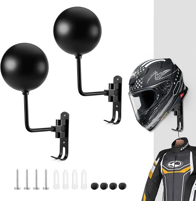 Motorcycle Helmet Holder (2 Pack) Wall Mount, Helmet Hanger 180° Rotation Helmet Rack with Double Hook for Football Helmet, Bicycle Helmet, Hat, Cap, Sportswear, Motorcycle Accessories