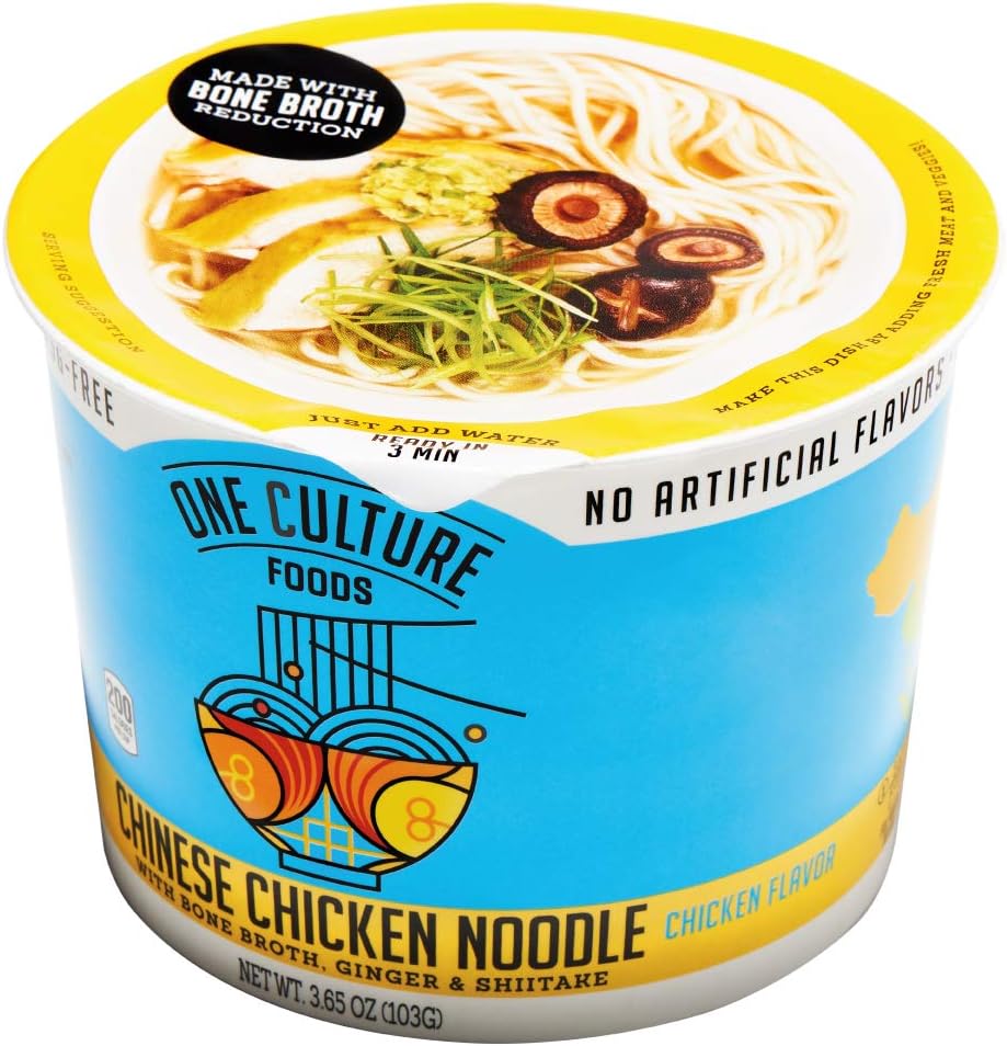 One Culture Foods Bone Broth Instant Cup Noodles, Chinese Chicken Noodle - Natural - Non-GMO (Pack of 8)