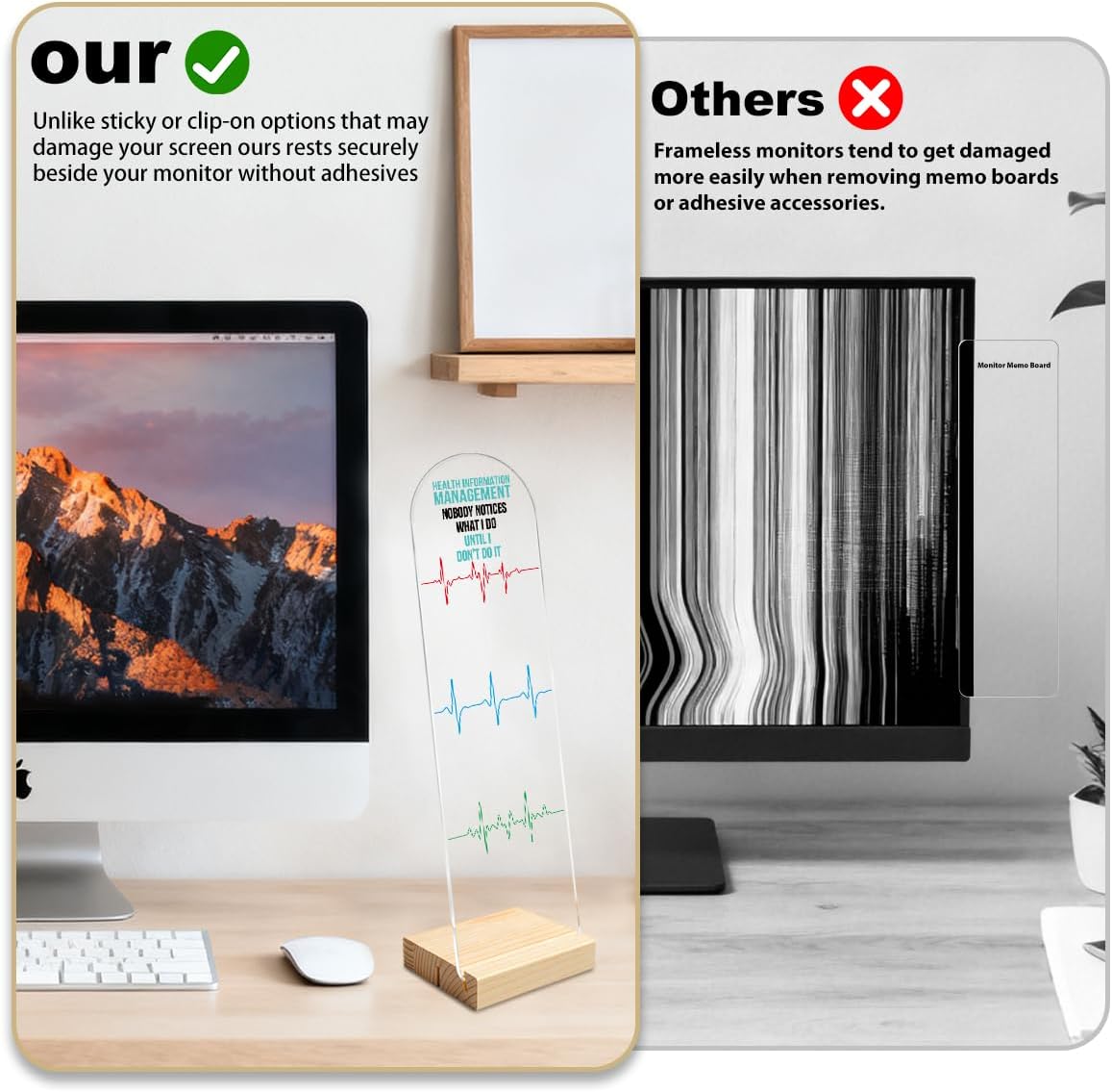 Sticky Note Holder, Portable Monitor Memo Board, HIM Professional Desk Accessory, Acrylic Memo Board with Wooden Base, Nobody Notices What I Do Quote, Set Sticky Notes 100 Sheets image 3