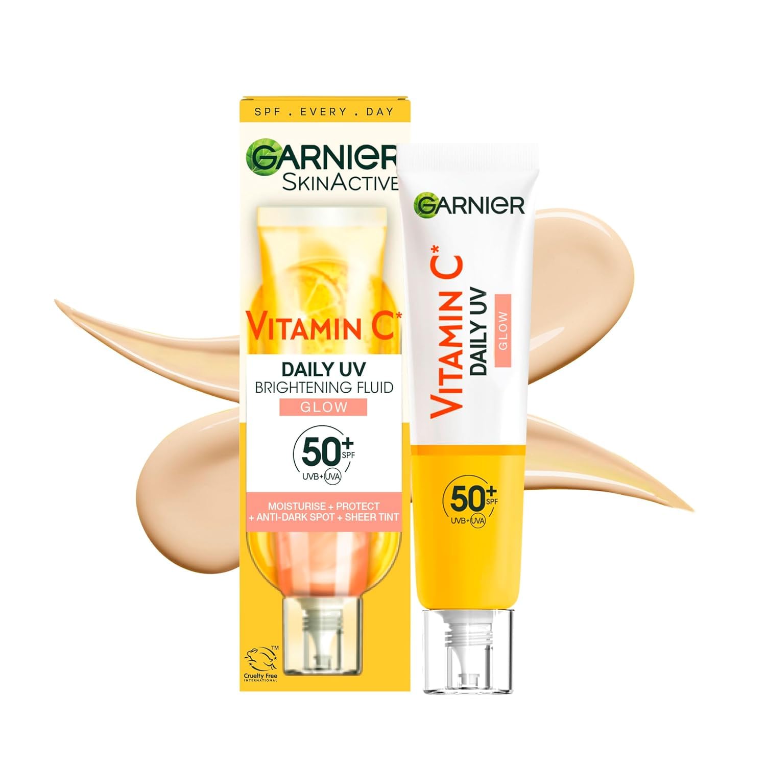 Garnier Vitamin C Tägliches Sonnenfluid, LSF 50+, Schützt und korriegiert Schäden durch die Sonne, Gleicht den Hautton aus, Für Gesicht & Hals, Vegan, Für alle Hauttypen, Daily UV Glow, 40 ml