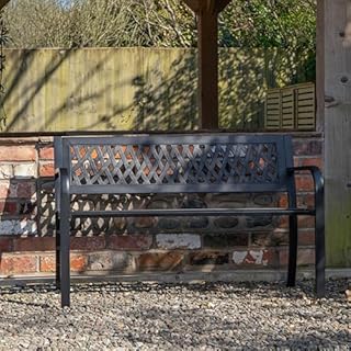 Keswick Metal Garden Bench 2 Seater – Outdoor Bench for Patio, Garden, Balcony or Porch – Weather Resistant Black Powder Coated Frame with Lattice Backrest – Comfortable Small Garden Seat for 2 Adults