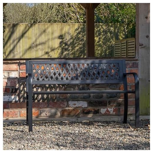 Keswick Metal Garden Bench 2 Seater – Outdoor Bench for Patio, Garden, Balcony or Porch – Weather Resistant Black Powder Coated Frame with Lattice Backrest – Comfortable Small Garden Seat for 2 Adults