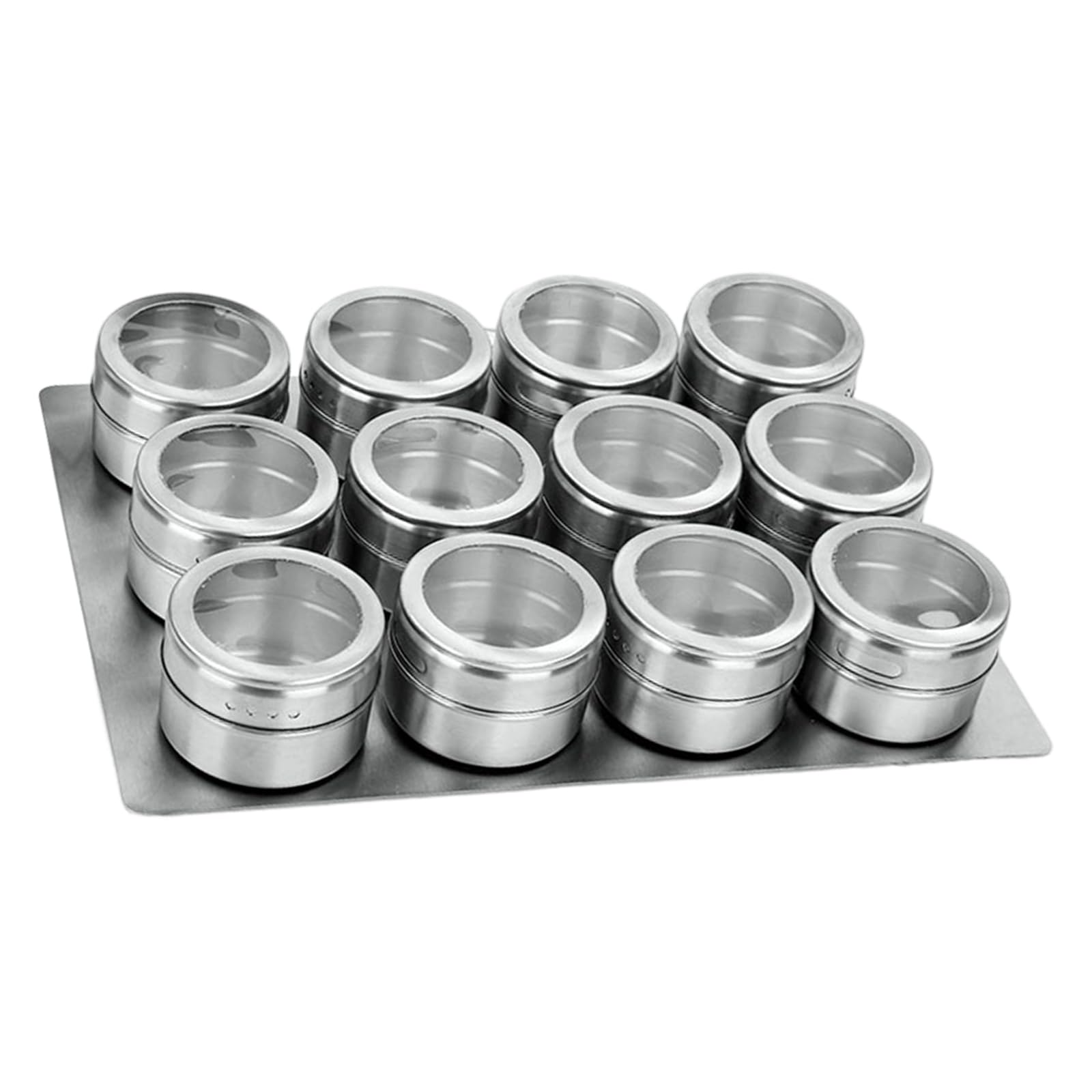 Dispensing Jar Set, 12 Piece Stainless Steel Seasoning Containers with Clear View Lids and Tray for Counter Storage and Daily Prep Seasoning Tins Condiment Jars Clear Lid Dispenser Lids Prep