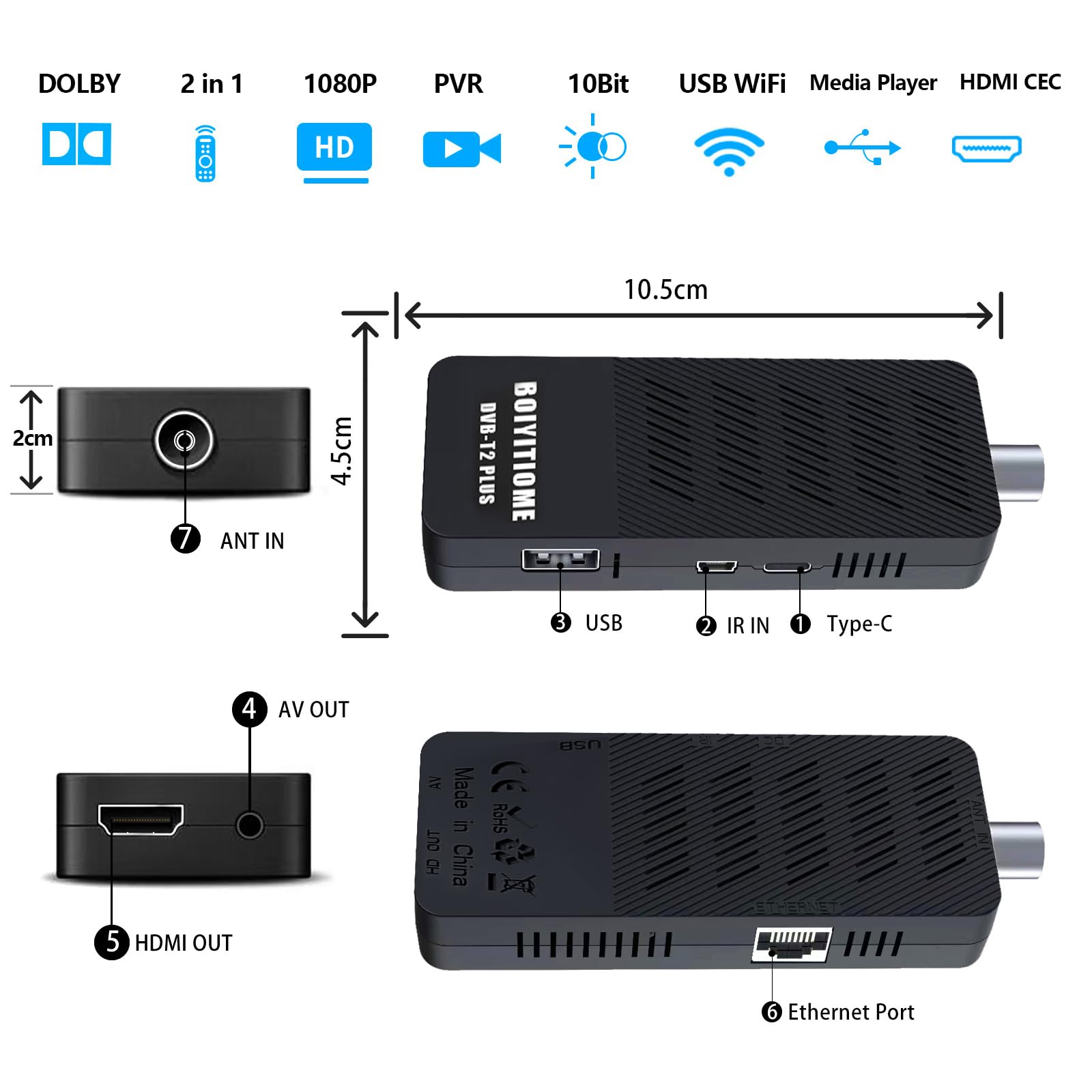 Decodificador DVB-T2, Decodificador Digital Terrestre 2023, HD 1080P H265 HEVC 10-Bit Master 10-Bit, Soporta ETHERNET/AV/USB WiFi/Cast Screen/Dubstep/Multimedia/PVR Función [Mando a Distancia 2 en 1]