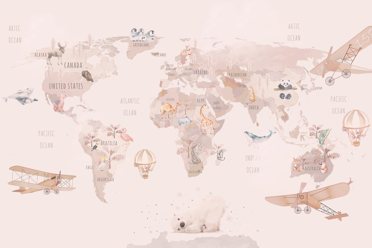 A.S. Création Walllove DD129592 Photo Wallpaper World Map 3.75 m x 2.50 m Pink Beige with Paste