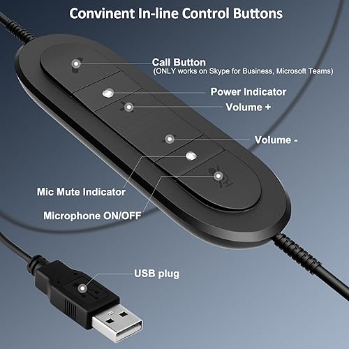 Miniatura 4 de MKJ Auriculares USB con micrófono, auriculares de PC con cancelación de ruido para laptop, auriculares con cable de doble oreja para centro de